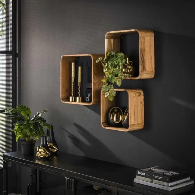 PS-Collection Vierkante Set van 3 Wandschappen - 40x15x40 cm - Naturel - Acaciahout - wandplank - wandrek industrieel - wandrek metaal zwart - wandrek rond - wandrekken - wandplank zwevend - wandplank hout - wandkubus - boekenplank Bruin