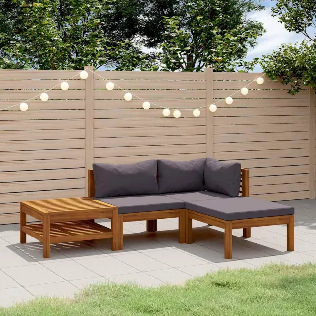 vidaXL 4-delige Loungeset met kussens massief acaciahout grijs, foto 2