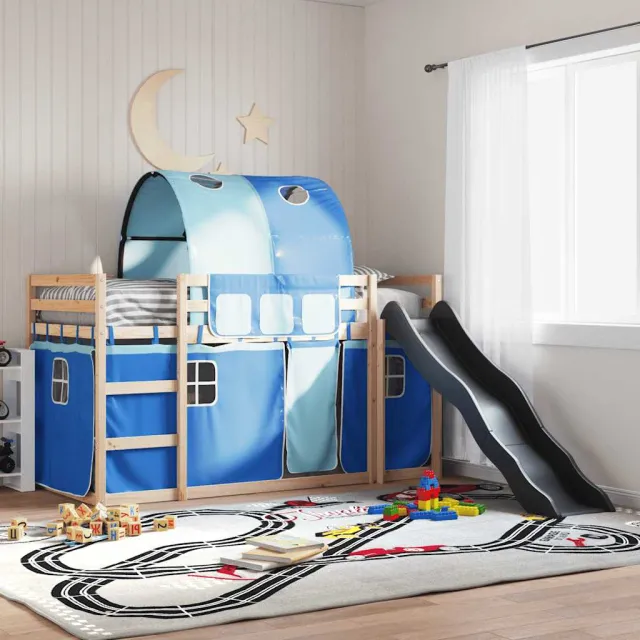 vidaXL Stapelbed met glijbaan en gordijnen blauw 80x200 cm