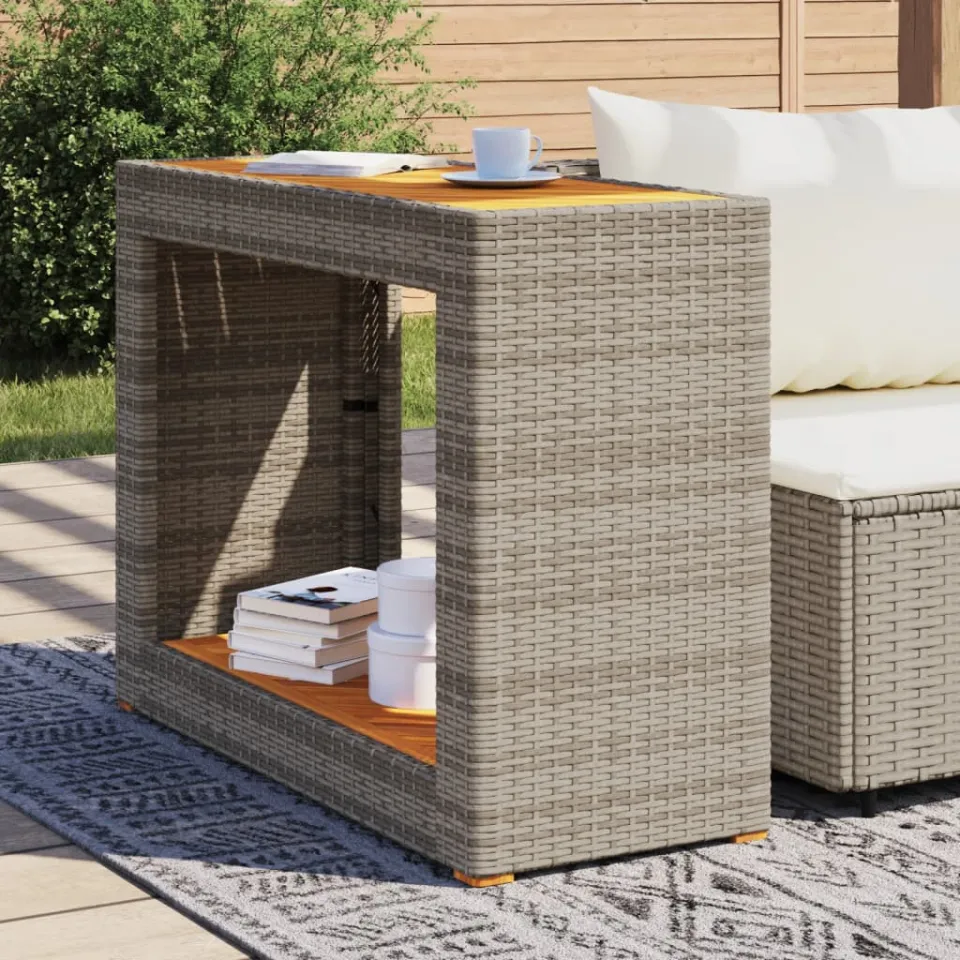 vidaXL Tuinbijzettafel met houten blad 100x40x75 cm poly rattan grijs, foto 2
