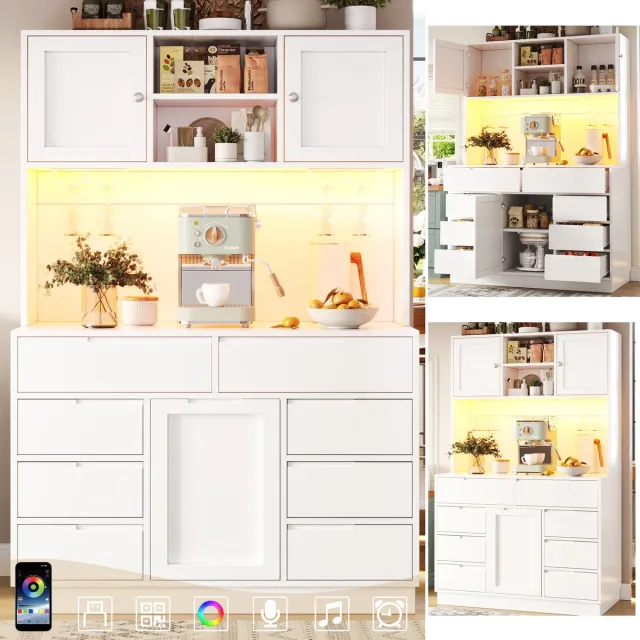 Clruro Keukenkast - 120x40x183.5 cm - Hochschrank met Smart LED - 8 Laden en Magneetsluiting - Hout - Wit