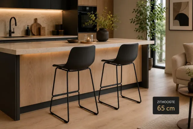 Toon Belfurn - Elin lage barkruk – zithoogte 65 cm – zwart – kunststof kuip – zwart stalen onderstel