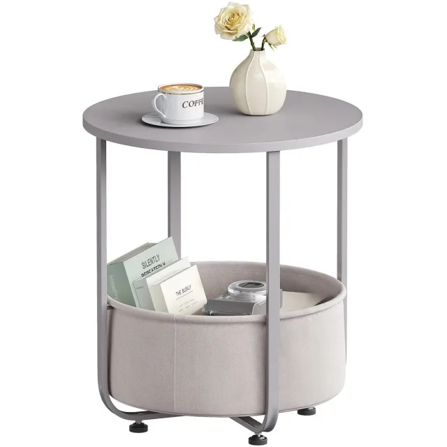 Klarven Bijzettafel Rond Grijs - Bijzettafeltjes Woonkamer - Ronde Bijzettafel - Bijzettafel - Opbergruimte, Makkelijk Schoon Te Maken - Stabiel Metaalframe, 35 kg Draagvermogen - Ø45xh50cm