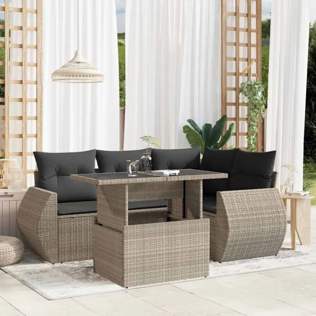 vidaXL 5-delige Loungeset met kussens poly rattan lichtgrijs grijs, foto 2