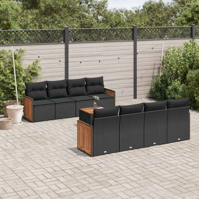 vidaXL 9-delige Loungeset met kussens poly rattan zwart, foto 2
