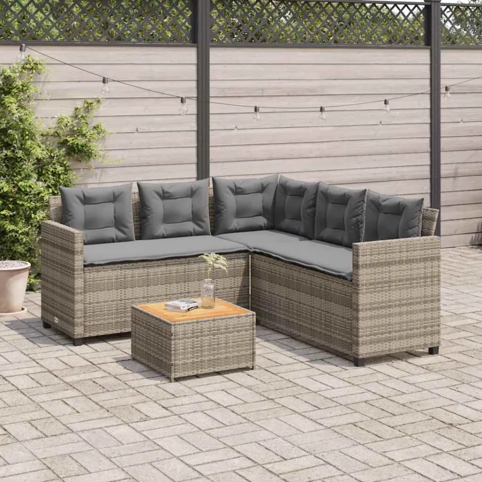 vidaXL Tuinbank met tafel en kussens L-vormig poly rattan grijs, foto 2