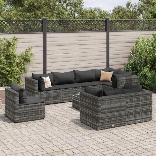 vidaXL 9-delige Loungeset met kussens poly rattan grijs, foto 2