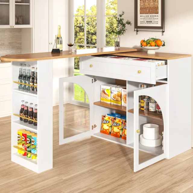 MEUNIQ uitklapbare bartafel 138-204 x 39 x 104 cm, 360° draaibaar, met opbergruimte, lades, open vak en glazen deuren, modern, wit
