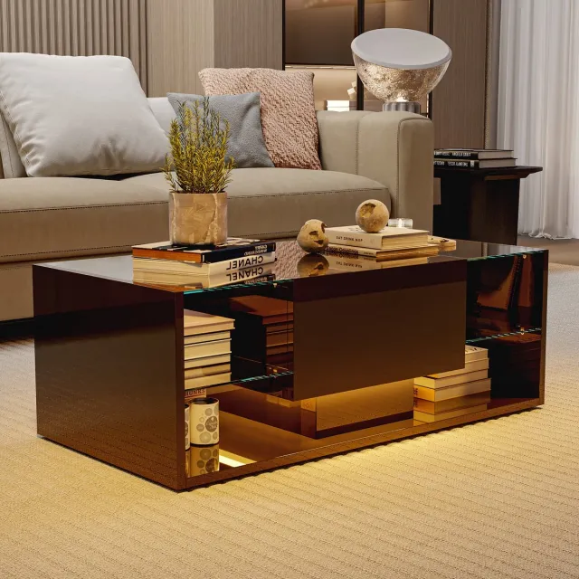 ROSAHQNDA Moderne salontafel voor de woonkamer, met opbergruimte, LED hoogglans salontafel van MDF en gehard glas met één lade en twee planken zwart