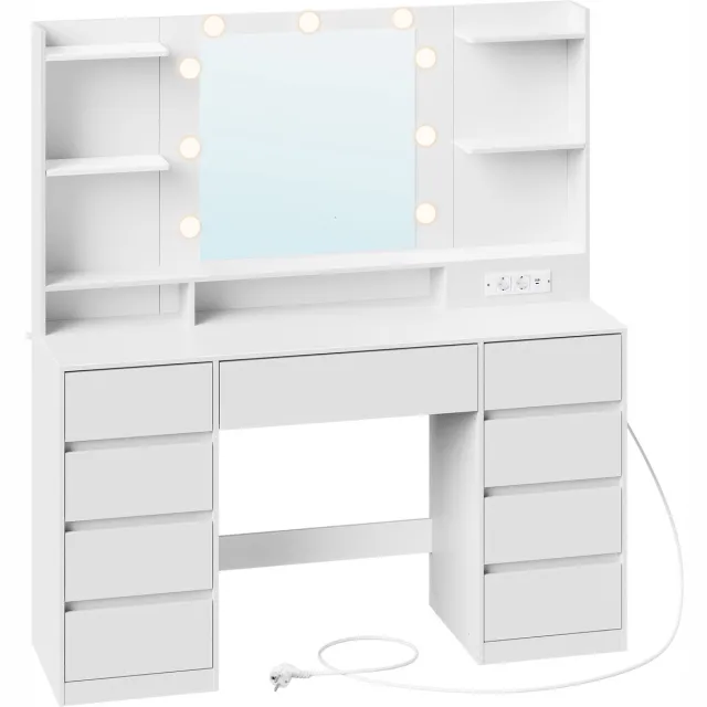 Vasagle Kaptafel - Make up Tafel - Kaptafel met Spiegel en Verlichting - 9 Lades - Oplaadstation Wit