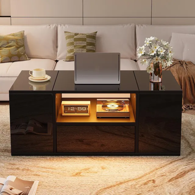 KOMHTOM Salontafel (100 x 50 x 40 cm), bijzettafel met een lade, salontafel met twee kasten, glanzende salontafel met led-lichtstrips, salontafel met 6 opbergvakken, zwart Zwart-1