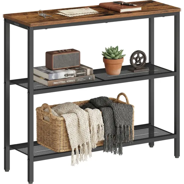 Vasagle Consoletafel - Met 3 Niveaus - Industriële Stijl - Met Metalen Roosterschappen Bruin-Zwart