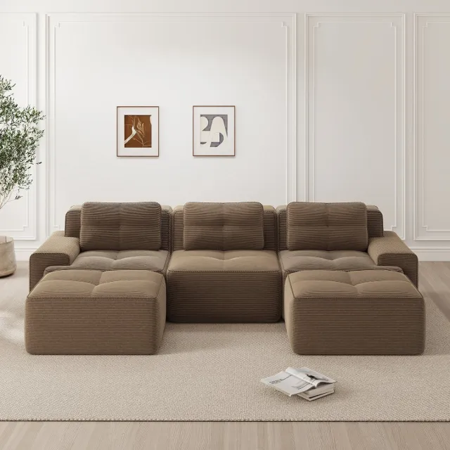 Merax U-vormige bank - modulaire bank met voetenbank - 3-zits corduroy Cloud-bank - voor de woonkamer - kant-en-klare bank - bruin