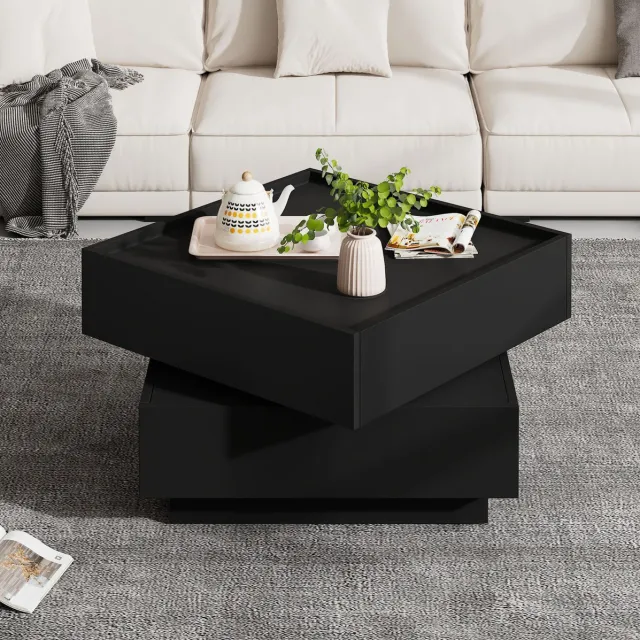 MEUNIQ Salontafel 60 x 60 x 38 cm met 360° draaibaar blad, 2 lades en opbergruimte, zwart, vierkante koffietafel voor woonkamer