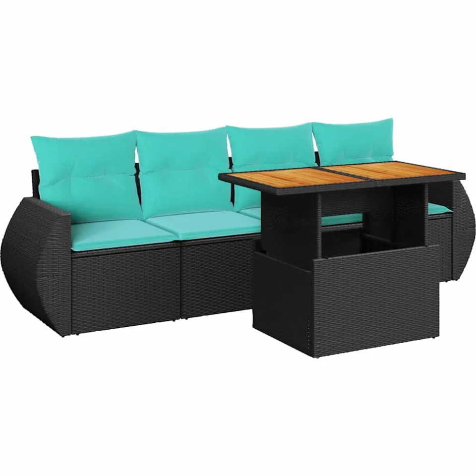 vidaXL 5-delige Loungeset met kussens poly rattan zwart, foto 4