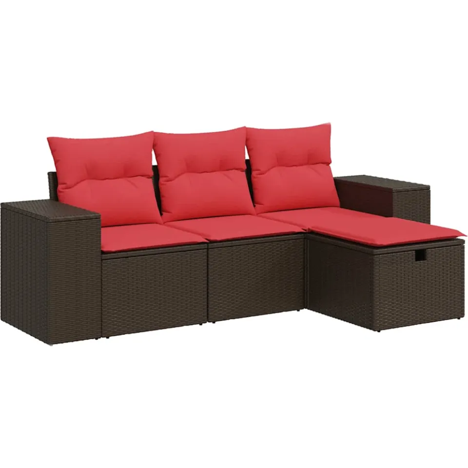 vidaXL 4-delige Loungeset met kussens poly rattan bruin, foto 3