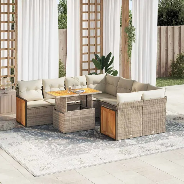 vidaXL 9-delige Loungeset met kussens poly rattan acacia beige, foto 2