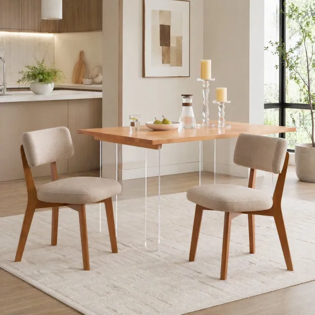 Wishdor Eetkamerstoel set van 2 - Modern mid-century design - Stoffen zitting en rugleuning - Houten poten - Khaki - Voor eetkamer, keuken en kantoor - 54,5 x 47 x 77 cm
