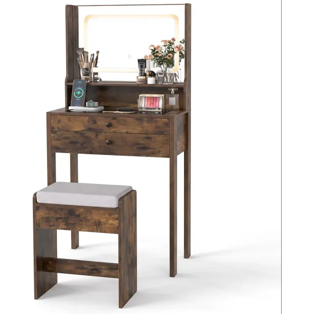 Costway Make-uptafel met led-spiegel en kruk (64 x 40 x 132 cm, donkerbruin)
