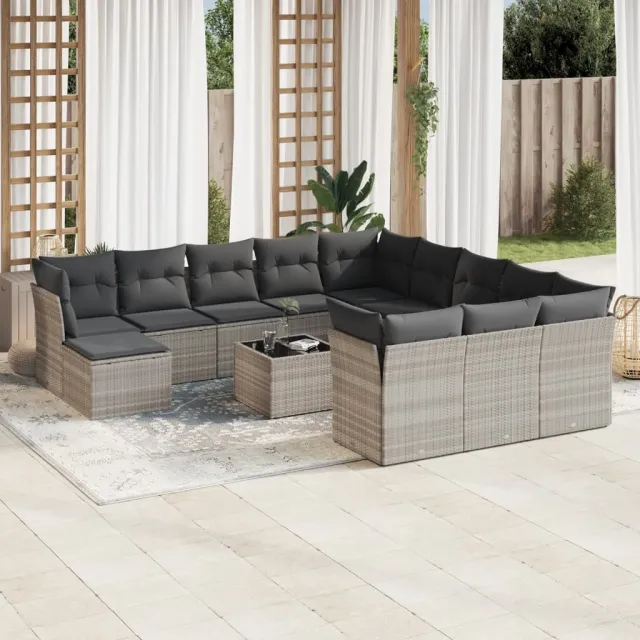 vidaXL 13-delige Loungeset met kussens poly rattan lichtgrijs