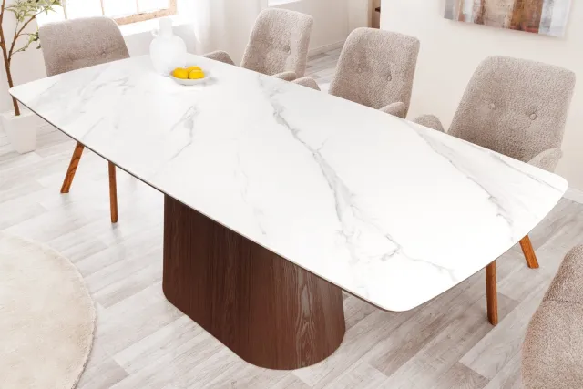 Invicta Interior Design Eettafel UNIEK 200cm Wit Walnoot Keramiek Marmeren Kolom Onderstel - 45139 Zie omschrijving