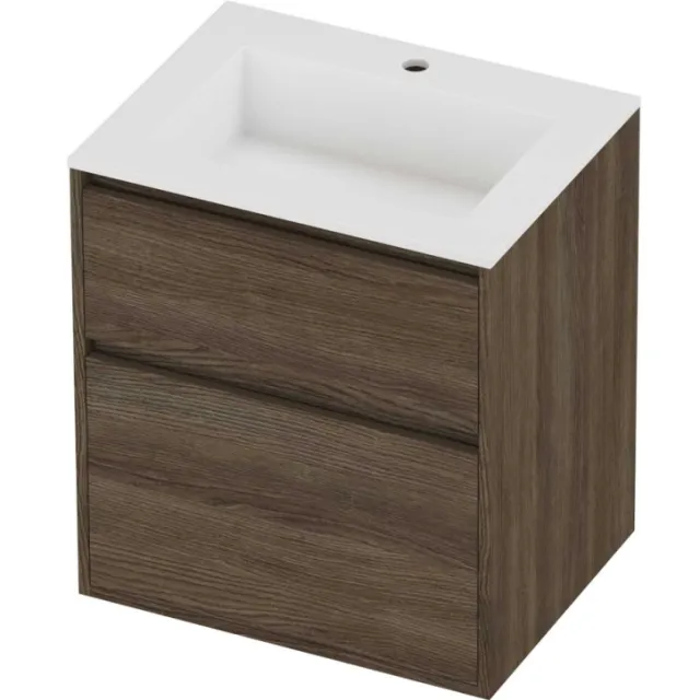 Proline Aristo Badmeubelset Polystone Elegant 1 Kraangat Greeploos 60x46x67 cm Mat White Vital Oak Eiken