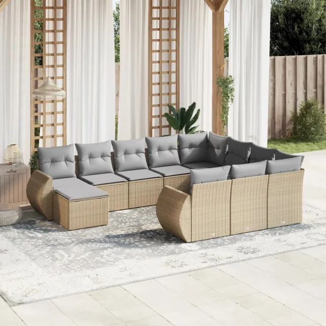 vidaXL 11-delige Tuinset met kussens poly rattan beige, foto 2