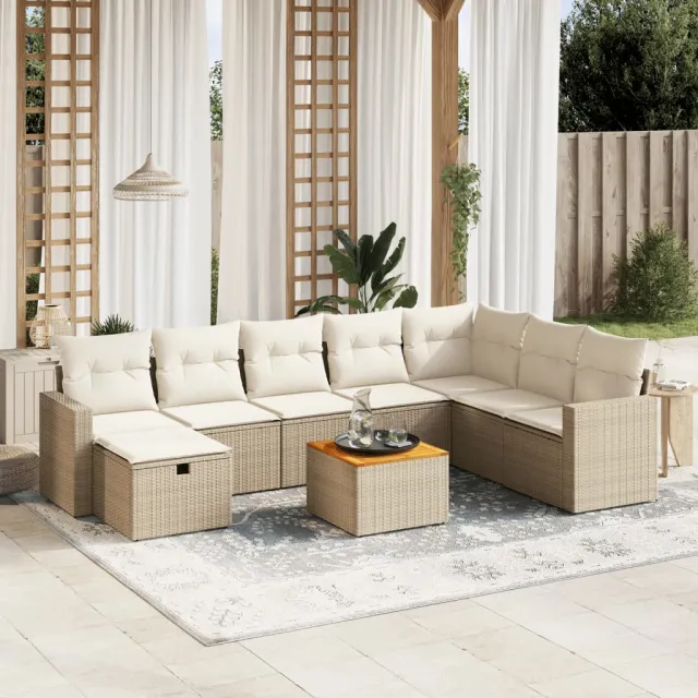 vidaXL 9-delige Loungeset met kussens poly rattan beige, foto 2