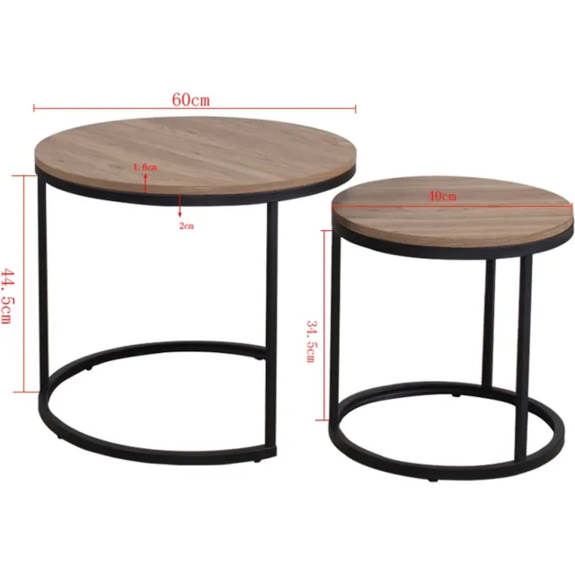 Hanimo Set van 2 Ronde Bijzettafels - Ronde Salontafels - Bijzettafel Metaal met Hout - 60x6044.5cm & 40x40x34.5 cm - Zwart&Hout Zwart/Donker Hout