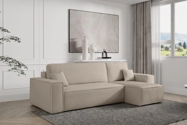 Beddenbriljant Hoekbank Frenkie - Universeel - Ribstof - Beige - Slaapbank met opbergruimte - Lounge Links of Rechts - Direct Leverbaar - Hoekzetel - Chaise longue - Zetel met slaapgedeelte - 3 zits - Zitcomfort Medium