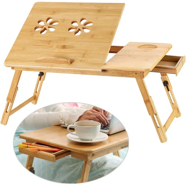 Ruijingsky Laptoptafel - Bamboe bedtafel - Verstelbare klaptafel - Banktafel - Luie tafel voor thuis - Nachtkastje - Draagbaar - Ontbijttafel - Met lades Bruin