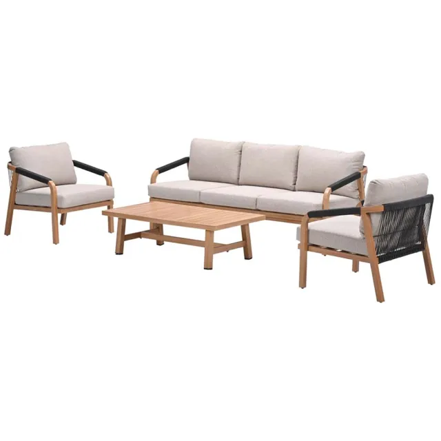 Garden Impressions Monti loungeset - 4-dlg - light teaklook - rope lava zwart - gobi sand Bruin