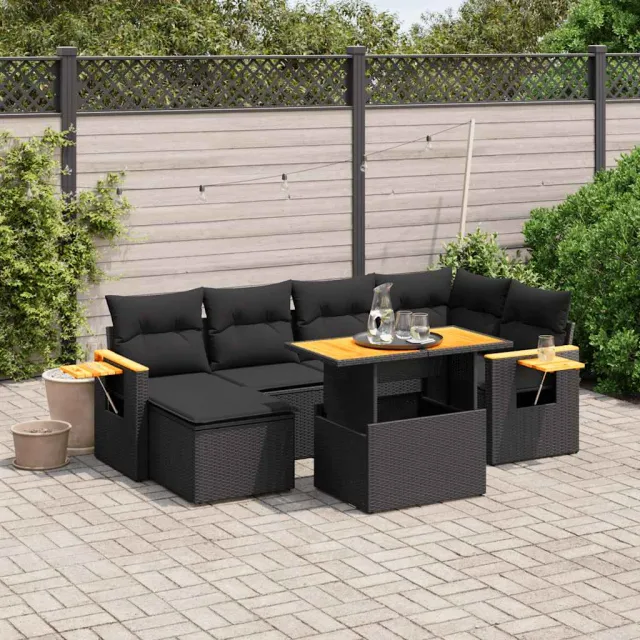 vidaXL 7-delige Loungeset met kussens poly rattan zwart, foto 2
