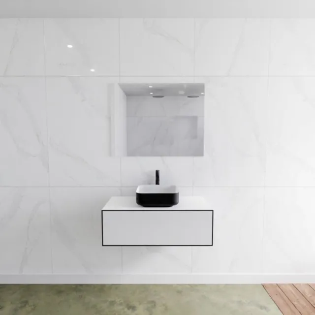 Mondiaz Badkamermeubelset Mondiaz LAGOM 90 cm Topblad met Gecentreerde Wastafel Solid Surface Opzetkom Binx met 1 Kraangat Mat Zwart (1 lade)