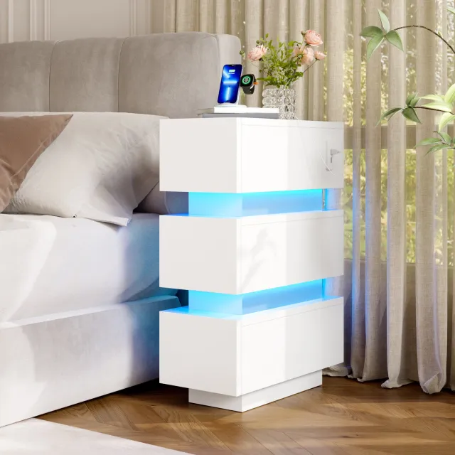 HAUSS SPOLE Nachtkastjes - Set van 2 met 3 Laden, Ledlicht en USB- en Type C-Aansluiting - voor Slaapkamer - Spaanplaat - Wit - 20x40x59,5 cm