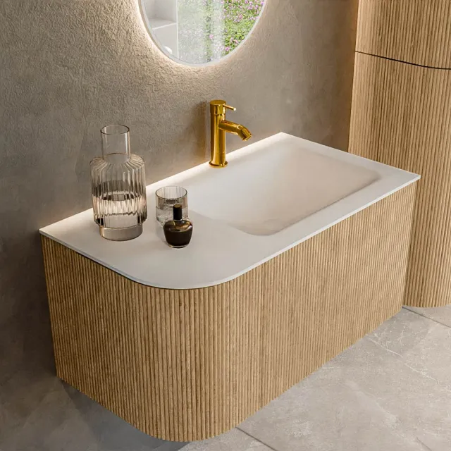 Mondiaz KURVE 85 cm Onderkast Greeploos 1 Lade Met Deuren Oak, Wastafel Solid Surface Rechts Talc 1 Kraangat Zonder Spiegel (KRVCLO85L1L1D1KR-Oak/Tal)