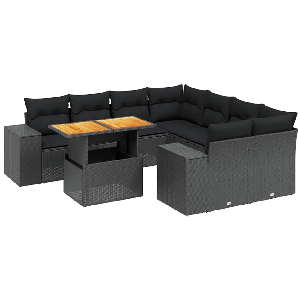 vidaXL 9-delige Loungeset met kussens poly rattan zwart, foto 3