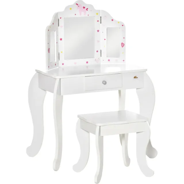 Roossentials Kaptafel - Make-up tafel - Beautytafel - Schminktafel - Voor kinderen - Met spiegel, kruk en lade - Hout - Wit