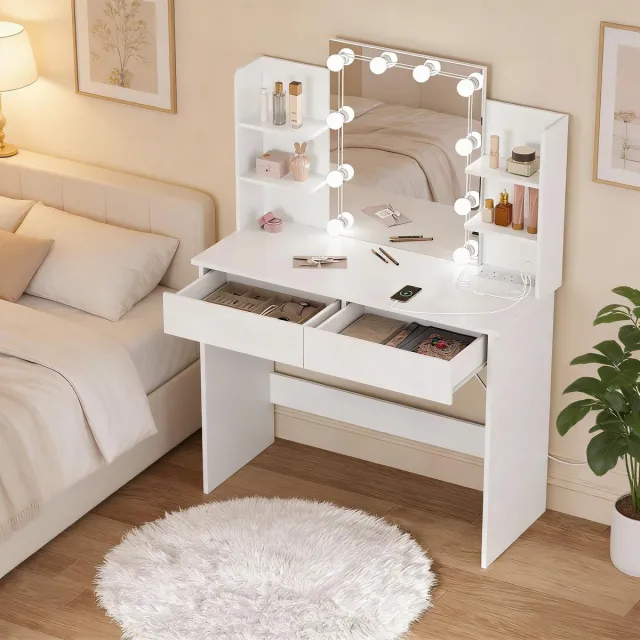 FloraGrace Kaptafel - Met Spiegel Verlichting En Stopcontacten - Met 2 Lades En 4 Planken - Voor Slaapkamer - Wit - 90x40x135 Cm Zwart