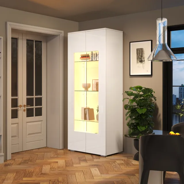 Clruro Vitrinekast - 70x40x173 cm - 2 Acryl Deuren en LED - Hoogglans met Lichtstrip - MDF - Wit