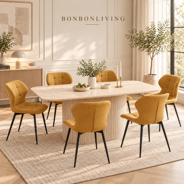 BonBonVibes BONBONLIVING Japandi Eettafel 160 cm – Rechthoekige Eetkamertafel voor 4-6 Personen – Moderne Eettafel met Stevige Zuilpoot – Geel – Design Keukentafel voor Woonkamer & Appartement Travertine