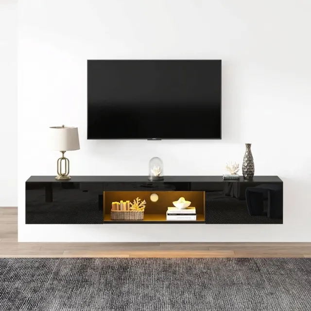 Archi LED wand TV-meubel – hoogglans zwart – 160 cm – zwevende tv-kast – met Bluetooth LED-verlichting – moderne TV-standaard met opbergruimte