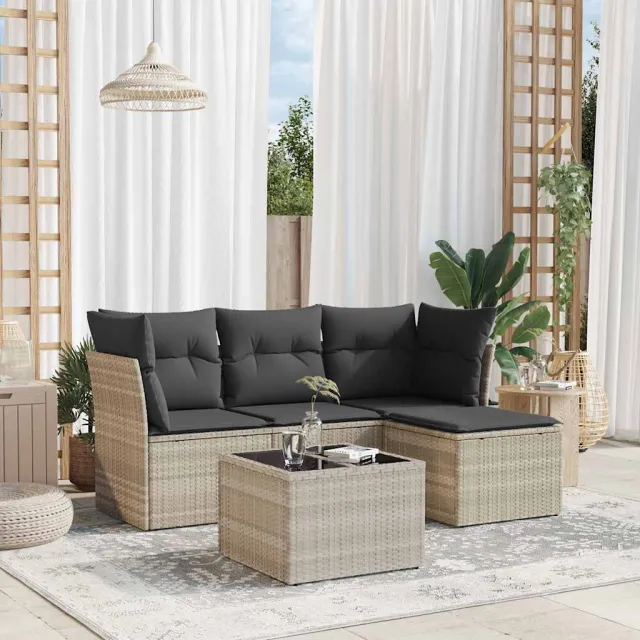 vidaXL 5-delige Loungeset met kussens poly rattan lichtgrijs grijs