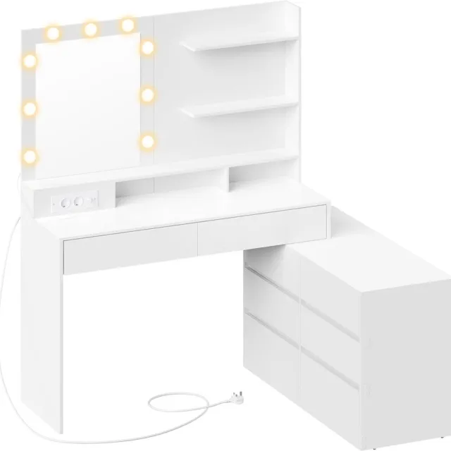 Klarven Kaptafel Wolkenwit - Kaptafel met Spiegel en Verlichting - Kaptafel met Spiegel - Vanity Table - 8 Lades en 3 Planken - Dimbare LED Verlichting 3 Lichtkleuren - Aanraakbediening met USB-poorten