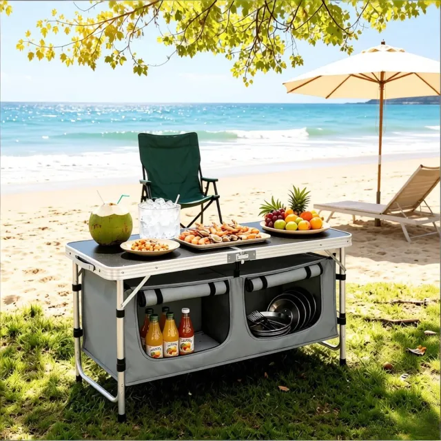 MEUNIQ Opklapbare camping- en picknicktafel 120 x 47 cm, in 2 hoogtes verstelbaar, met hangende opbergtas, aluminium frame voor tuin en strand, zwart/grijs