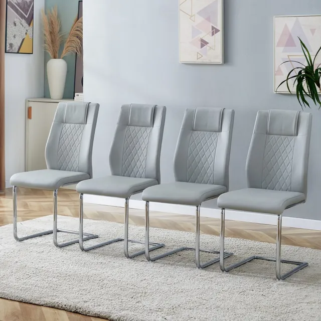 Pugsdrly Eetkamerstoelen - Set van 4 - Lichtgrijs - PU-leer - Rugleuning in gaaslook - Glanzend zilveren metalen poten - Antislipvoetjes Lichtgrijs, zilver