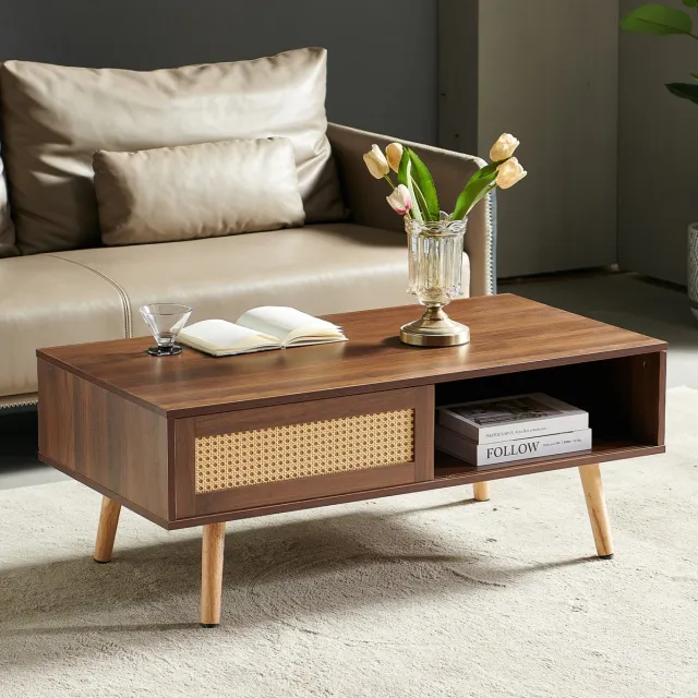 MEUNIQ Salontafel 105 x 55 x 40 cm met rotan schuifdeur en open opbergruimte, MDF tafel met houten poten voor woonkamer, bruin