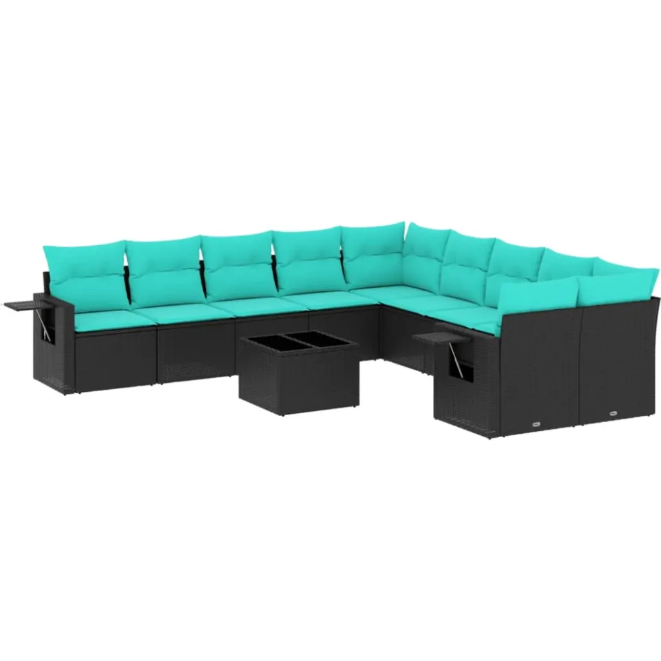 vidaXL 11-delige tuinbankset met kussens, zwart polyrotan