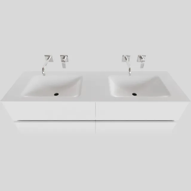 Boss & Wessing Badkamermeubel Solid Surface BWS Oslo 200x46 cm Mat Wit Wasbak Dubbel (0 kraangaten, 4 lades)