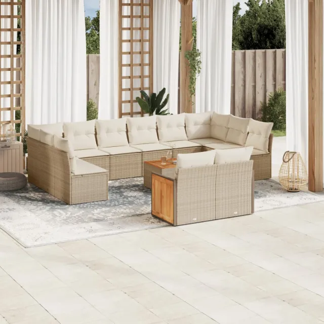 vidaXL 13-delige Loungeset met kussens poly rattan beige, foto 2